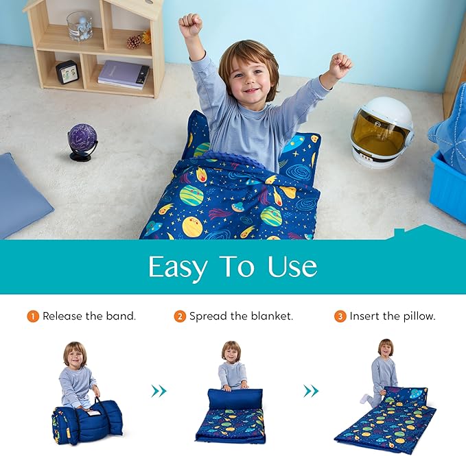 JOIEDOMI Toddler Nap Mat for Preschool 55''x30'' Sleeping Mat with Removable Pillow and Minky Blanket for Kids Ages 3-7 Roll Up Soft Kids Sleeping Bag for Boys Girls Kindergarten Daycare Sleepover