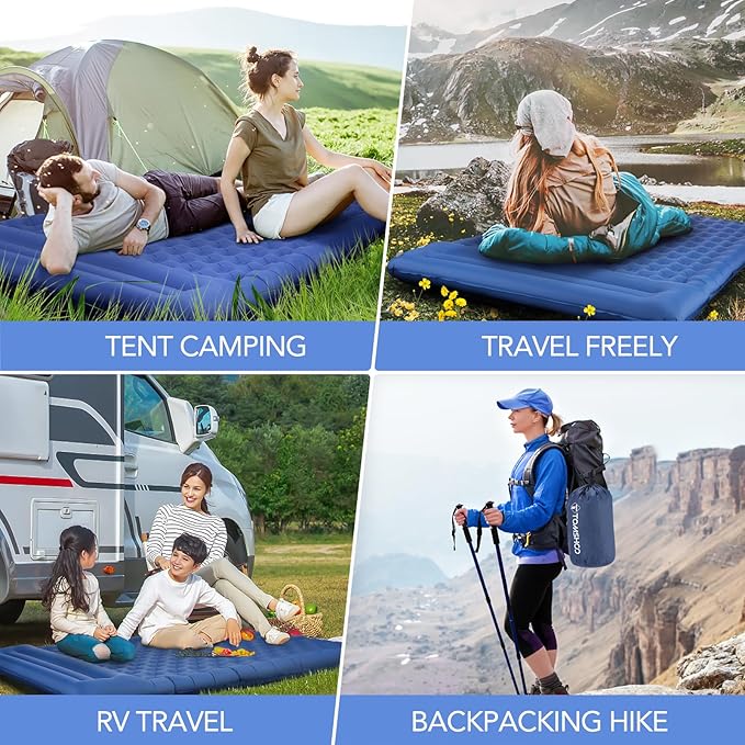 TOMSHOO Double Sleeping Pad, Inflatable Sleeping Mat Built-in Pump Camping Mat Upgraded Support Camping Mattress with Pillow, 2 Carabiner, Carry Bag, Repair Kit-77''L*53''W*5''H