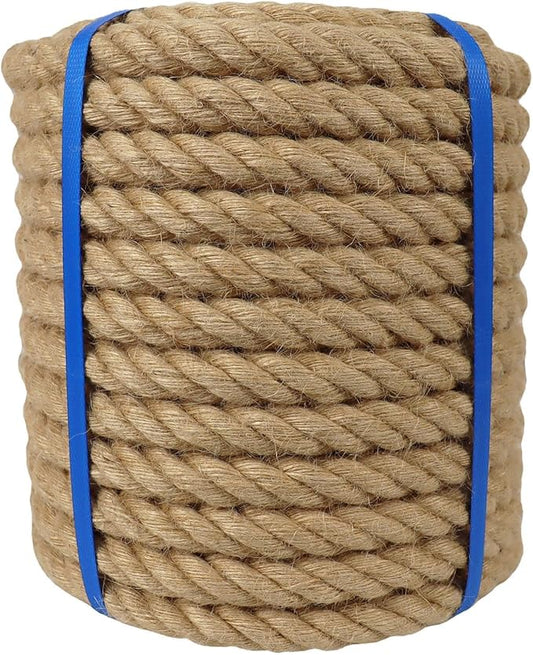 1 Inch Natural Jute Rope 50 Ft Thick Hemp Rope, Hanging Swing, Decorating, Indoor/Outdoor Use