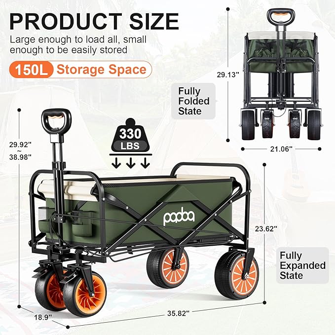 Electric Assistance Collapsible Folding Garden Wagon, 300LBS Grocery Cart with Big All-Terrain Wheels, Portable for Camping Outdoor Beach Fishing Picnic Sports Shopping (Green)