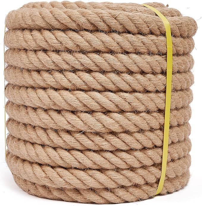Heavy Duty Jute Rope - 1 1/4 Inch, 100 Feet, Natural Hemp for Crafts, Gardening, Bundling, Climbing, Hammock, Nautical, Tug of War, Railings, Home Decorating