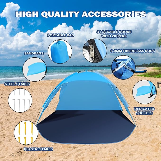 Beach Tent for 3-4 People, UPF50+ Sun Shelter with Breathable 3-Zipper Door Design, 8.0mm Reinforced Fiberglass Poles, Portable Shade Canopy for Beach & Camping (Blue)