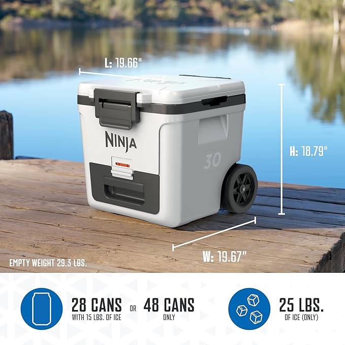 Ninja | Cooler | FrostVault 30QT Cooler with Wheels | Insulated with Temp Dry Storage Drawer | Keeps Ice Cold for Days | for The Beach, Camping, Picnics & More | Cloud White | FB230WH
