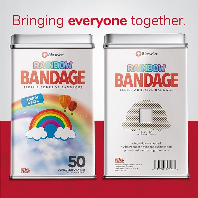 BioSwiss Bandages, Rainbow Shaped Self Adhesive Bandage, Latex Free Sterile Wound Care, Fun First Aid Kit Supplies for Kids, 50 Count