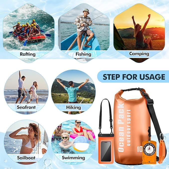 Talltalk 4 pcs Waterproof Dry Bag Set 10l Lightweight Dry Sack with Phone Case Orienteering Compass Emergency Whistle for Travel, Swimming, Boating, Kayaking, Camping, Fishing