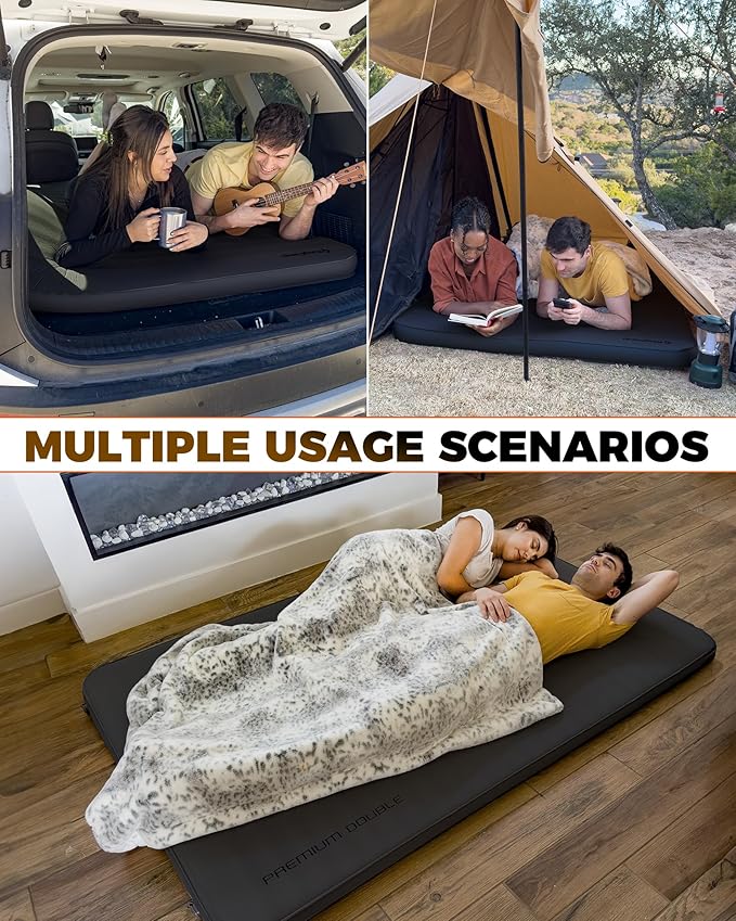 KingCamp Double Sleeping Pad, 2 Person Queen R 7.9 Self Inflating Sleeping Pad, 3" Thick Full Size Foam Mattress Mat with Air Pump for Outdoor Camping Tent Car, PVC Free (Black)