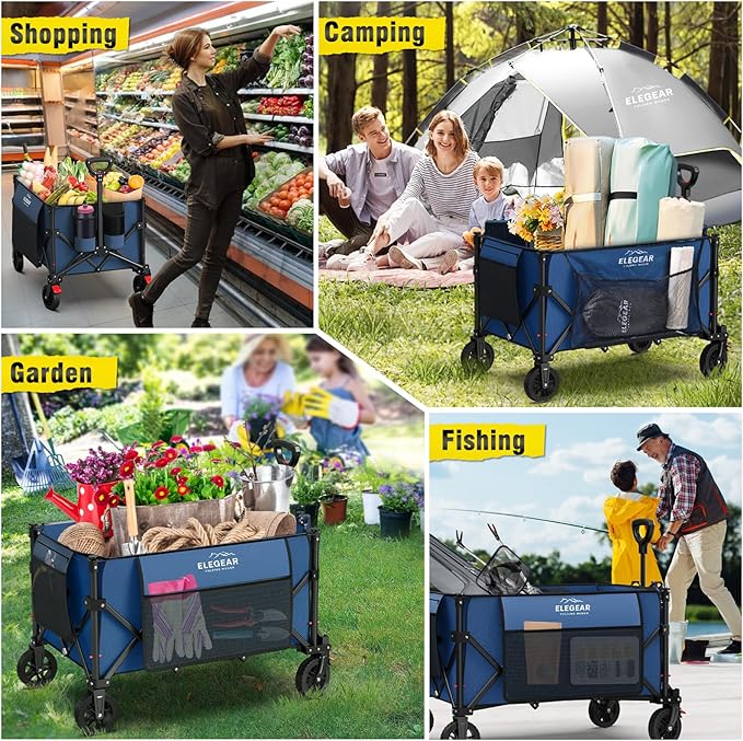 Elegear Wagon Cart Foldable Collapsible 150L 330LBS - Heavy Duty Large Capacity Utility Beach Wagon with 360° All-Terrain Wheels & Smallest Folding Design for Camping Garden Grocery Sports - Blue