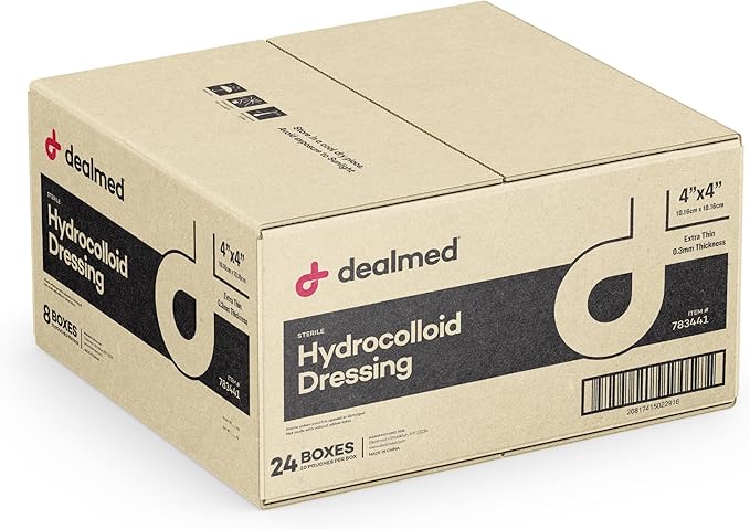 Dealmed Hydrocolloid Dressings – 4” x 4” Extra Thin Hydrocolloid Bandages, Wound Care Products for First Aid Kits, Box of 10, 24 Per Case and Individually Packed