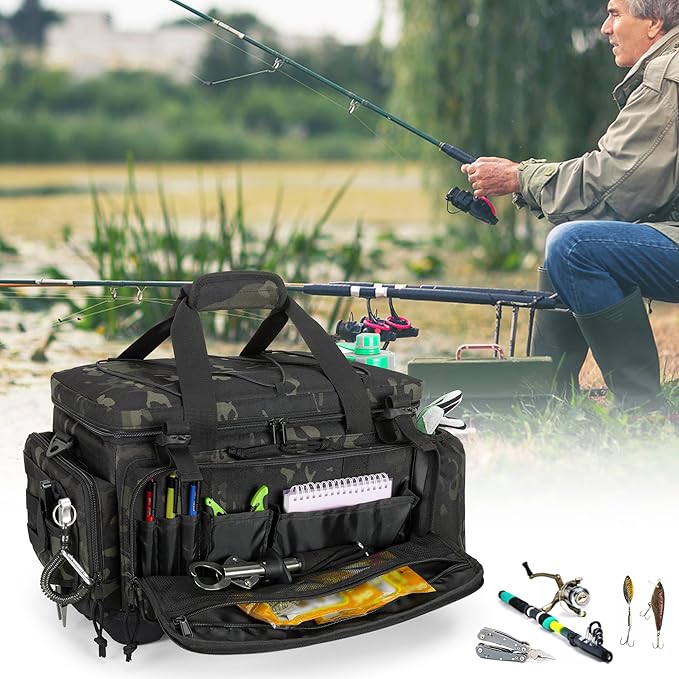 Waterproof Fishing Tackle Bag with Waterproof EVA Bottom (No Tackle Boxes in Package), Soft Tackle Box Storage Bag with Rod Holder, Pliers Storage for Fishing
