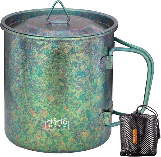 TiTo Titanium Cup Titanium Pot with Lid Ultralight Portable 450ml Foldable Handle Camping Tea Coffee Water Mug for Outdoor Backpacking Hiking Picnic Drinkware with Mesh Sack (Green)