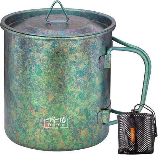 TiTo Titanium Cup Titanium Pot with Lid Ultralight Portable 450ml Foldable Handle Camping Tea Coffee Water Mug for Outdoor Backpacking Hiking Picnic Drinkware with Mesh Sack (Green)