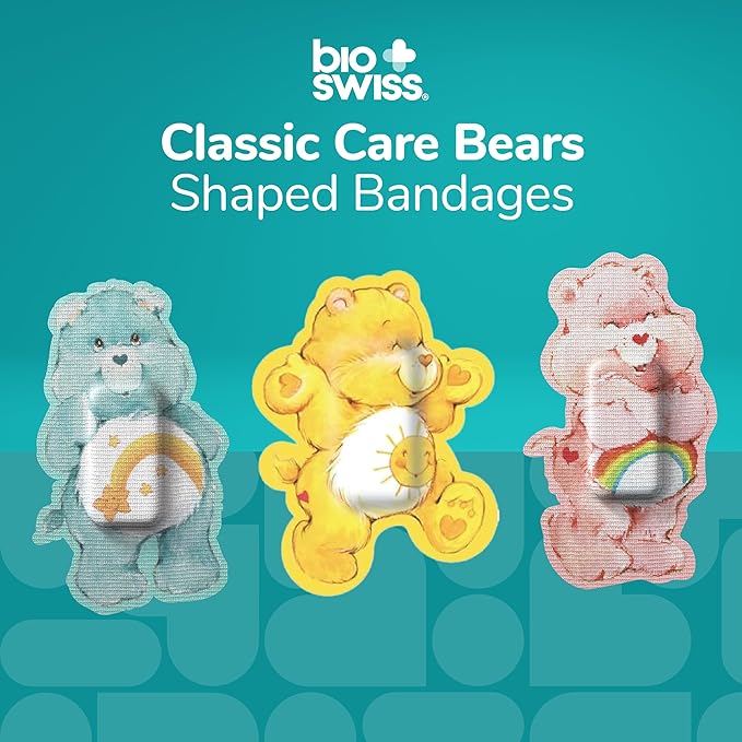 BioSwiss Care Bears Bandages, Classic Care Bear Shaped Self Adhesive Bandage, Latex Free Sterile Wound Care, Fun First Aid Kit Supplies for Kids, 50 Count