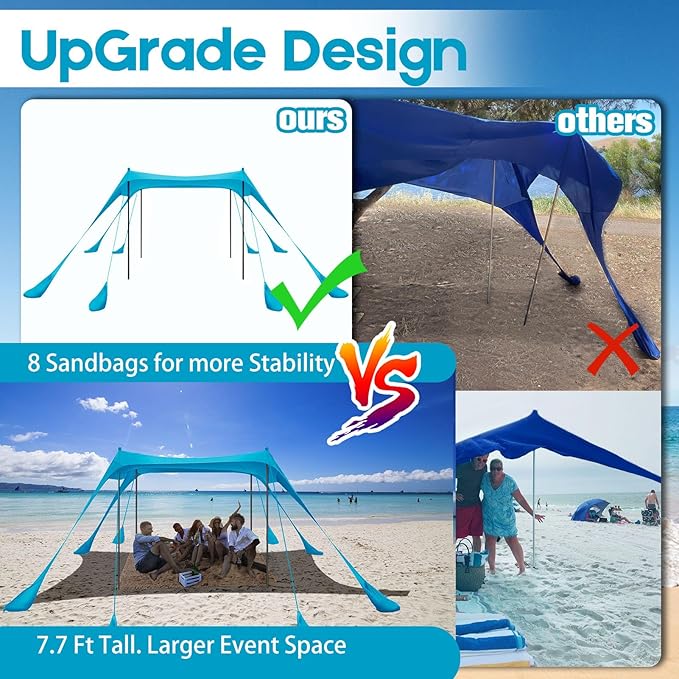 Beach Tent Sun Shelter 10x10FT Beach Shade Canopy with 8 Sandbags, UPF 50+ Protection Beach Shade Canopy, Outdoor Tent for Beach Camping Trips, Fishing, Backyard