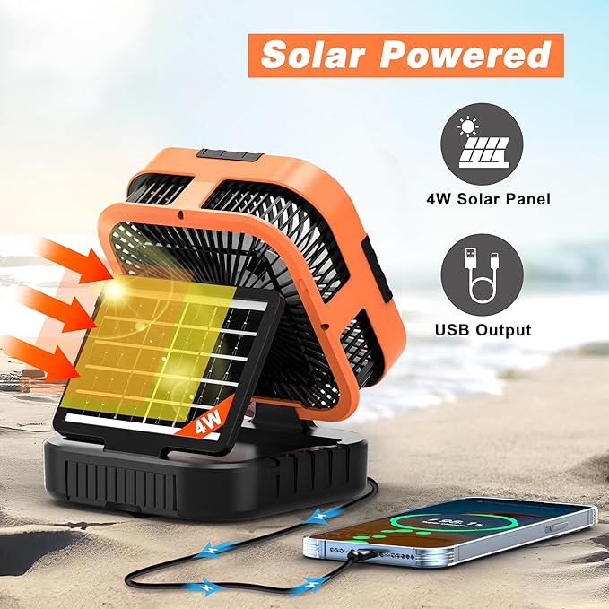 Solar Camping Fan Rechargeable 10000mAh Battery Operated Tent Fan with LED Lantern,120°Head Rotation, LED Screen,Timer, 6 Speed Solar Powered for Outdoor Travel Beach Home