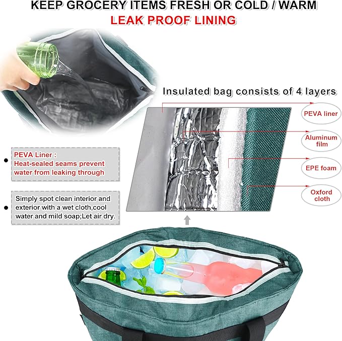 BeeGreen Insulated Cooler Bag Leakproof Freezer Shopping Tote for Groceries Thermal Food Delivery Bag
