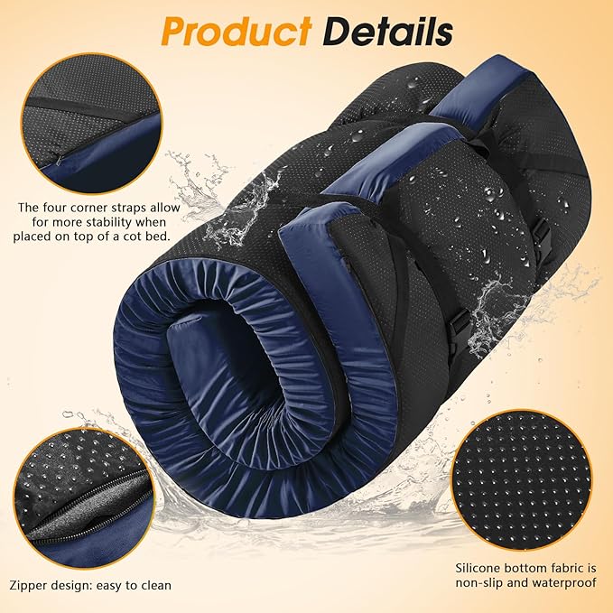 CYMULA Camping Cot Mattress 2in Memory Foam Sleeping Pad,Soft Warm Non-Slip Camping Mattress Topper with Retaining for Adults,Portable Roll up Pad for Travel(75 x30)(only Mattress)