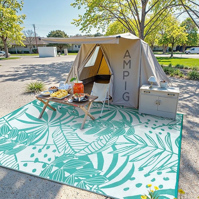 Anidaroel Leaf Outdoor Rugs 6x9ft for Patios Clearance Waterproof, Reversible Tropical Plastic Straw Camping Mat Outside Rug, Large Outdoor Area Rug for RV, Deck, Balcony, Picnic(Blue,6'x9')