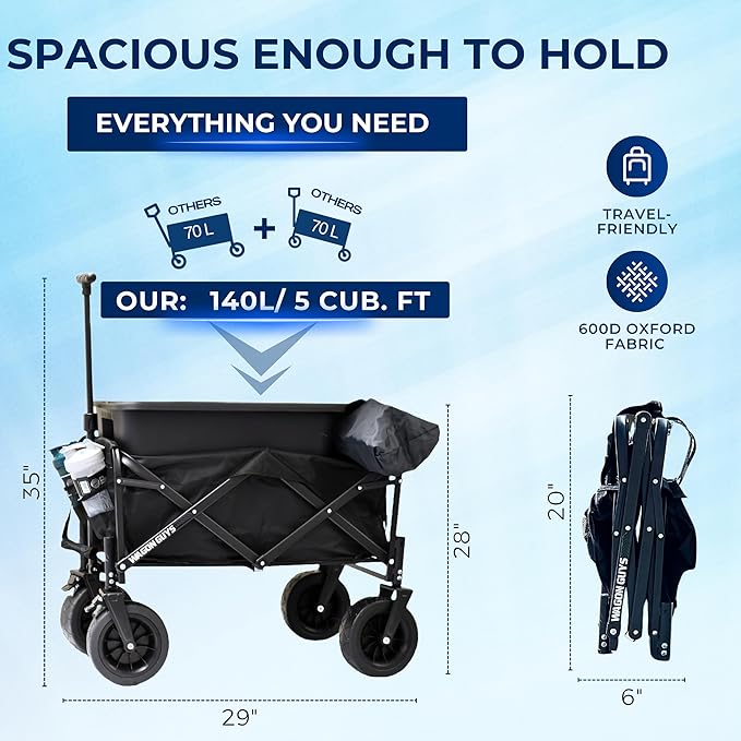 350LB Foldable Wagon Cart with Extra Large Wheels, Collapsible Wagon with Wheels, One Click Removable Tires with 2 Front Brakes for Strong Incline Hold, Extra Side Storage Pocket and 2 Cup Holders
