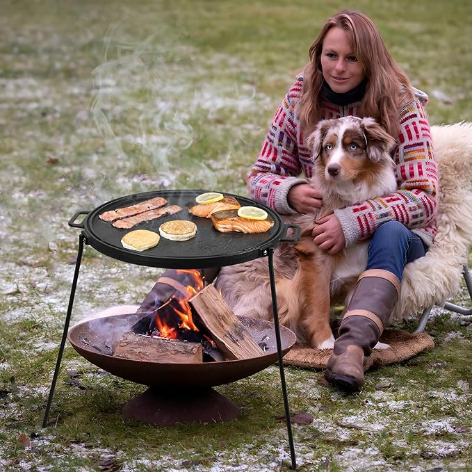 Onlyfire 18" Campfire Grill Griddle, Double Sided Reversible Portable Campfire Grill, Cast Iron Camping Griddle with Handles, 3 Removable & Height Adjustable Legs, Perfect for Grills and Outdoor BBQ
