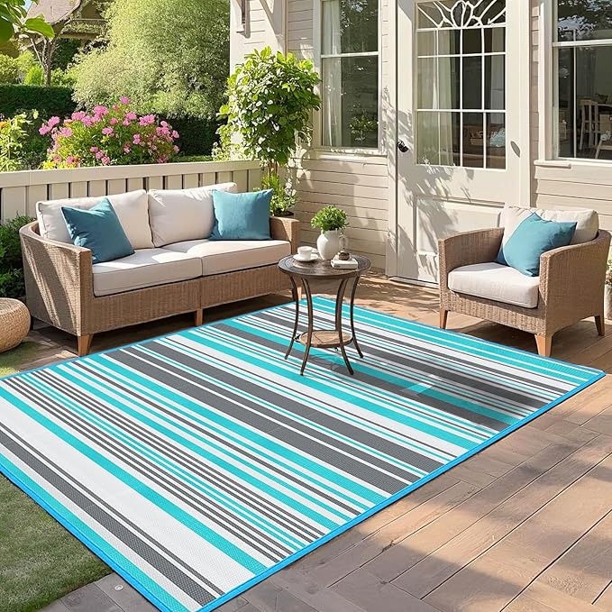 Outdoor Patio Plastic Rug Waterproof - Outdoor Rugs for Camper Outside, Rv, Porch Deck Rug Clearance, Area Carpet for Outside, Balcony, Patio Decor, Blue & Grey, 4x6 ft