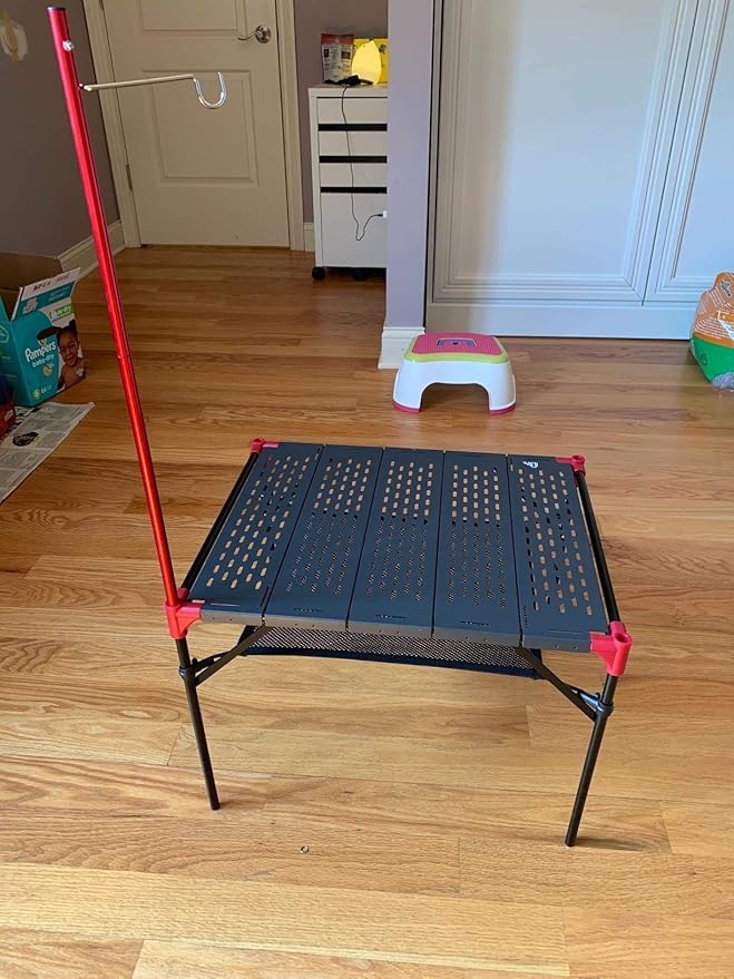 iClimb Extendable Folding Table Large Tabletop Area Ultralight Compact with Hollow Out Tabletop for Camping Backpacking Beach Concert BBQ Party, Three Size (Black - L + Hanger)