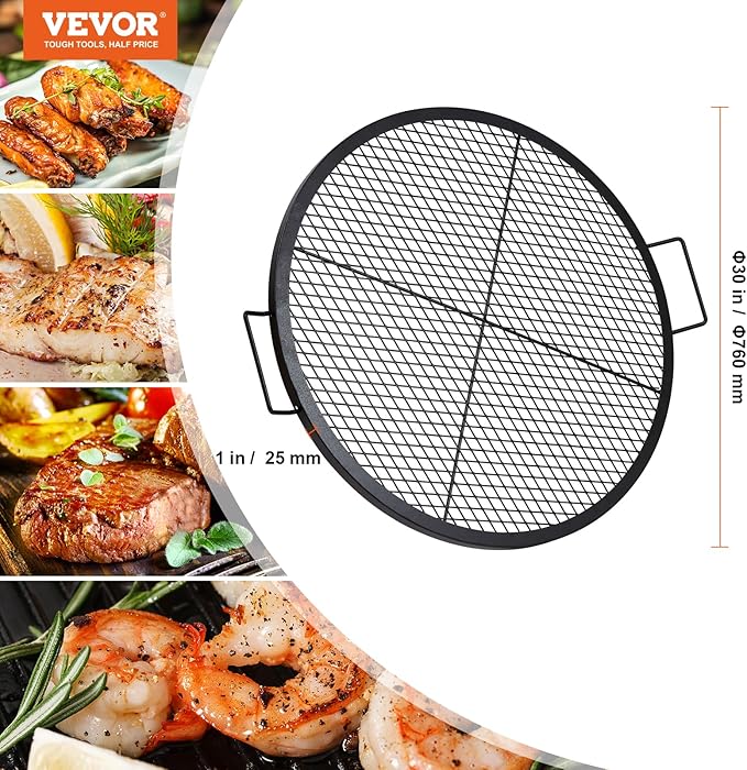 VEVOR X-Marks Fire Pit Grill Grate, Round Cooking Grate, Heavy Duty Steel Campfire BBQ Grill Grid with Handle and Support X Wire, Portable Camping Cookware for Outside Party & Gathering, 30 Inch Black