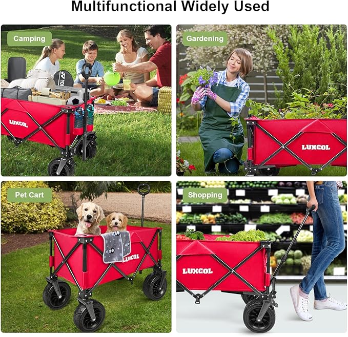 LUXCOL Collapsible Folding Wagon, Heavy Duty Utility Beach Wagon Cart for Sand with Big Wheels, Adjustable Handle&Drink Holders for Shopping, Camping,Garden and Outdoor