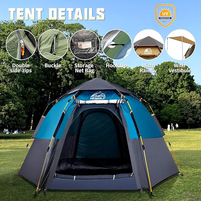 Hewolf 2/3/4 Person Camping Tent - Instant Pop Up Waterproof 2 Doors Tent with Easy Setup | 3-Season Hexagonal Dome Design for Family, Hiking & Traveling