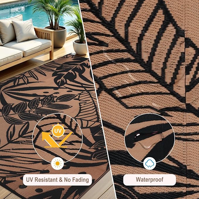 Anidaroel Leaf Outdoor Rugs 6x9ft for Patios Clearance Waterproof, Reversible Tropical Plastic Straw Camping Mat Outside Rug, Large Outdoor Area Rug for RV, Deck, Balcony, Picnic(Black/Brown,6'x9')