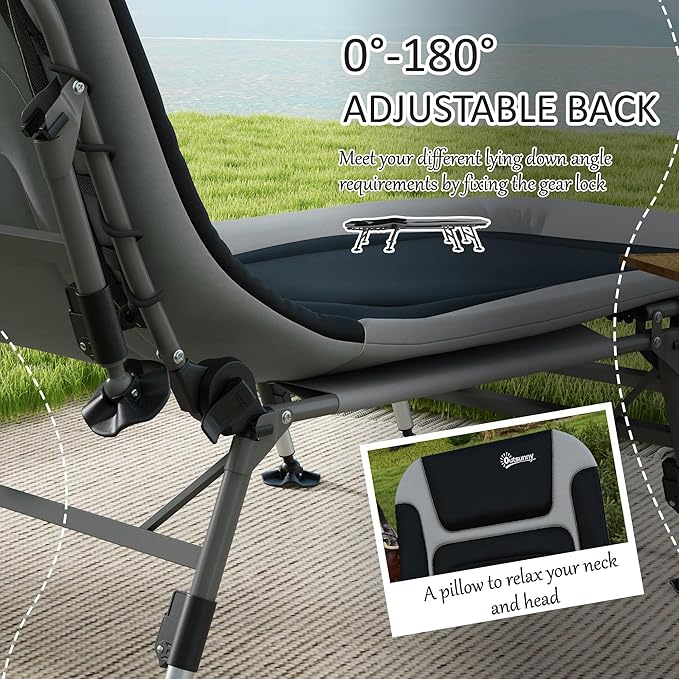 Outsunny Camping Cot for Adults, Folding Bed with Soft Padded Cushions & Headrest, 180° Adjustable Reclining Lounger, Heavy Duty and Portable with a 400 lbs. Capacity, Gray