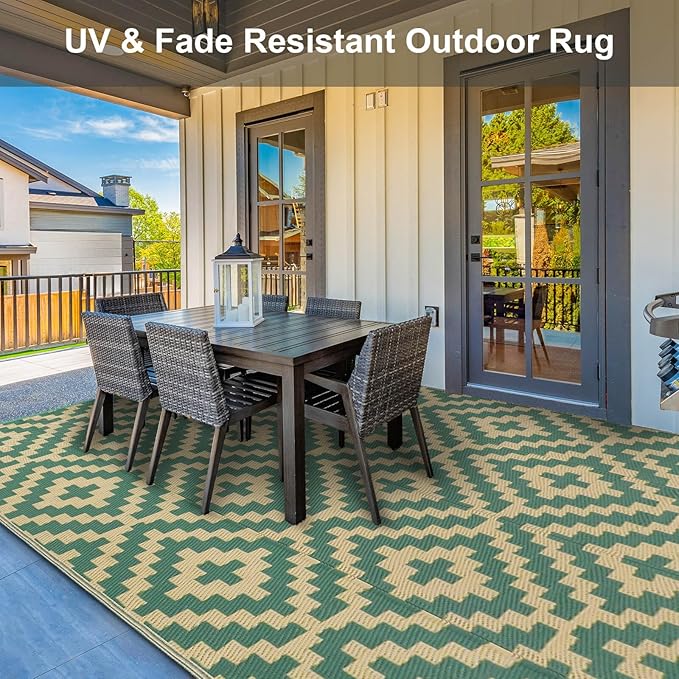 Outdoor Patio Plastic Straw Rug - 9'x12' Outdoor Camping Rug Waterproof Reversible, Area Carpet Patios Clearance RV, Outside Porch Balcony Deck for Camper, Green & Yellow