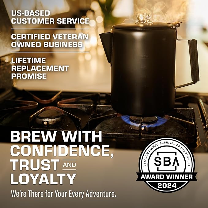 COLETTI Black Bozeman Percolator Coffee Pot — Camping Coffee Pot, Coffee Percolator – America’s Sleekest Percolator – Pure Stainless Steel, NO Aluminum or Plastic (12 Cup)