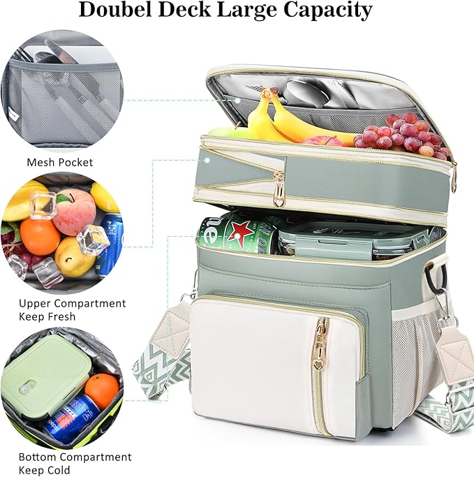 LOKASS Lunch Box for Women-16L-Insulated Lunch Bag Women, Expandable Double-layer Leakproof Cooler Bag with Upgrade Adjustable Shoulder Strap Ideal for Work/Travel/Picnics(Olive Green)