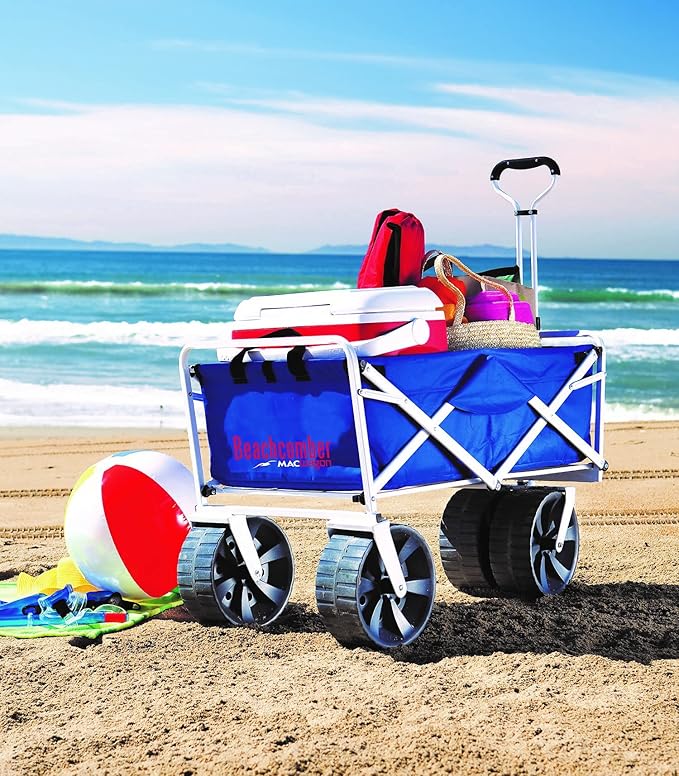 Mac Sports Heavy Duty Collapsible Folding All Terrain Utility Beach Wagon Cart, Blue/White