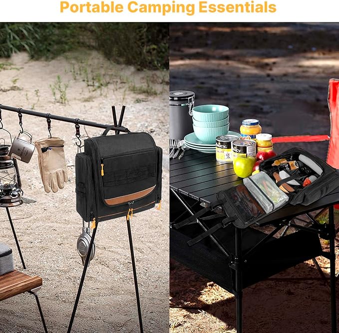 ORKELS Camping Organizer Hanging Tactical Camping Cookware Bag – Utensil Organizer with Towel Holder & Multiple Pockets for RV, Tent, Camper, Grilling