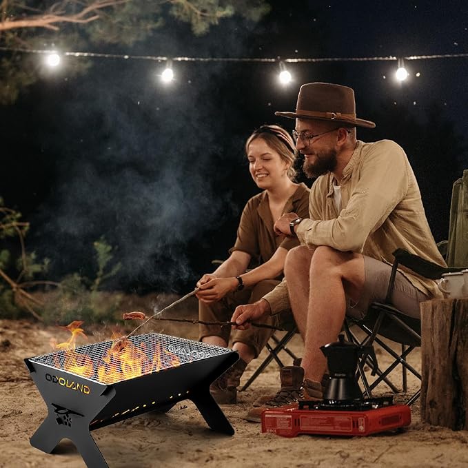 Odoland Camping Campfire Grill, Portable Folding Charcoal Grills, Backpacking BBQ Grill, Heavy Duty Firepit Grill with Carry Bag for Outdoor Cooking, Bonfire, Patio, Backyard