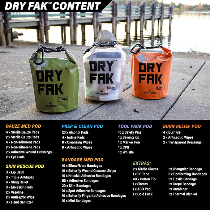 EVERLIT 290 Pc Waterproof First Aid Kit Dry FAK Medical Kit Emergency Survival Kit for Boat, Backpacking, Hiking, Fishing, Travel, Kayaking (Orange) (OD Green)