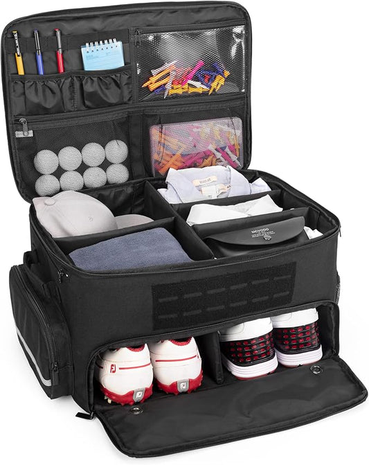 Golf Trunk Organizer Storage with Separate Compartment for 2 Pair Shoes Up to US Mens 16, Golf Car Locker Organizer for Balls, Tees, Clothes, Gloves, Accessories