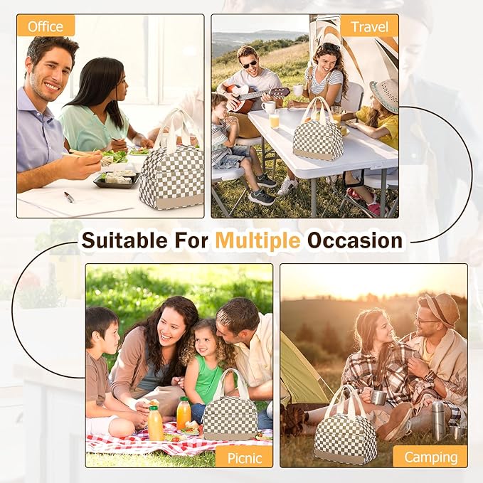 Lunch Box Lunch Bag for Women Men, Leakproof, Insulated Lunch Box Tote with Large Capacity, Lunch Container for Work/Office (Corduroy Khaki Grid)