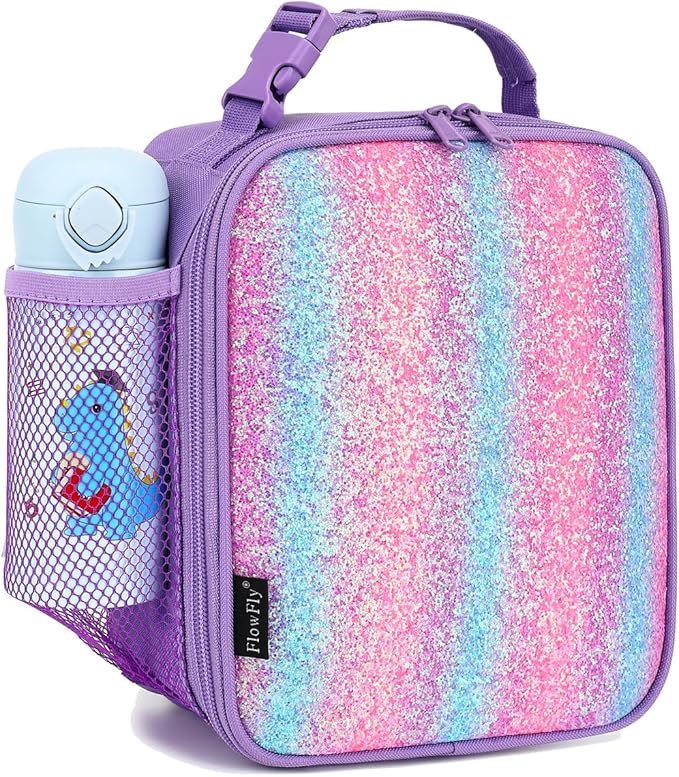 FlowFly Lunch box Insulated Soft Bag Mini Cooler Back to School Thermal Meal Tote Kit for Girls, Boys,Purple#Glitter