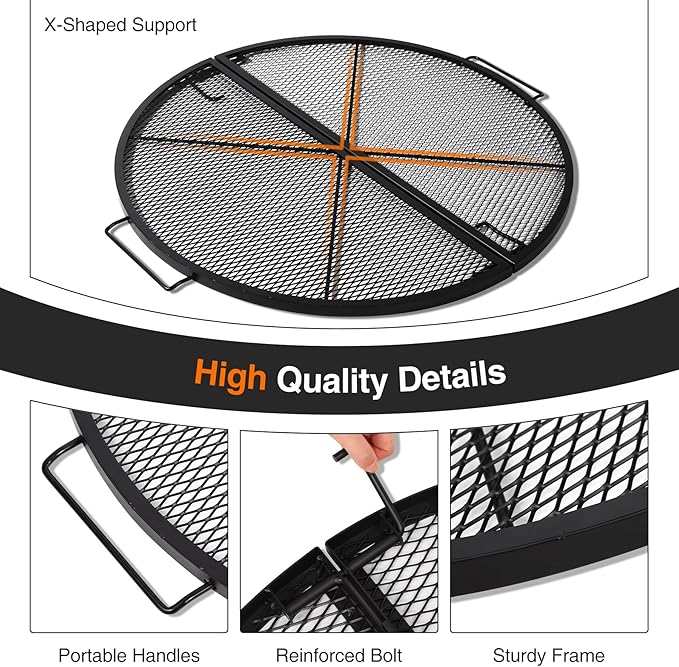 REDCAMP Foldable Fire Pit Cooking Grill Grate, Portable X-Marks Heavy Duty Steel Round Campfire BBQ Grill with Handle & Support Wire, Ideal for Outdoor Picnics & Gatherings, 36-Inch Black