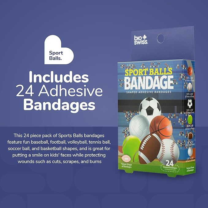 BioSwiss Bandages, Sports Balls Shaped Self Adhesive Bandage, Latex Free Sterile Wound Care, Fun First Aid Kit Supplies for Kids and Adults, 24 Count