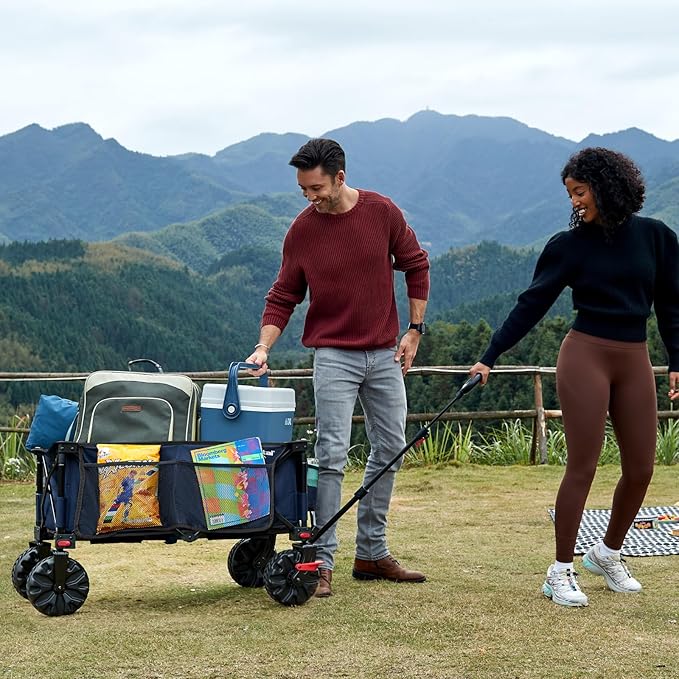 PORTAL Collapsible Wagon with Brakes, Heavy Duty Utility Cart with All-Terrain Wheels, Portable Folding Wagons for Camping, Beach, Garden, Shopping, and Groceries