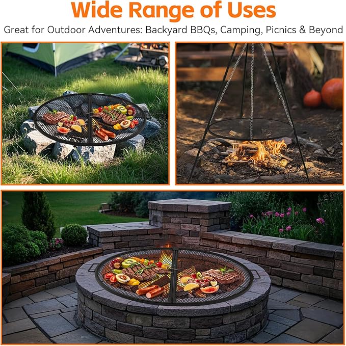 X-Marks Fire Pit Cooking Grill Grate with Support X Wire - Heavy Duty Folding Round Campfire Grill Grid - Portable Camping Cookware for Outside Party Gathering - 30 inch