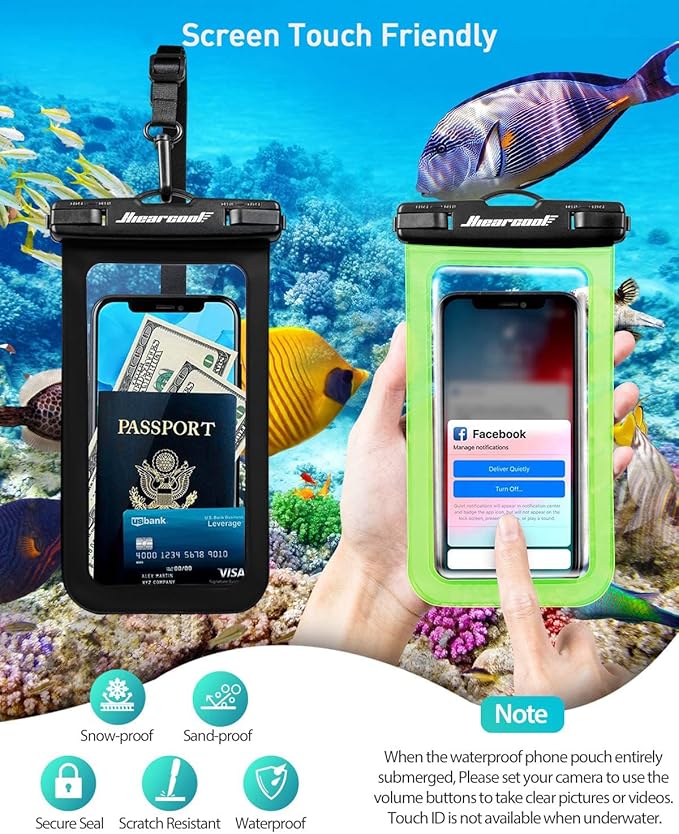 Hiearcool Waterproof Phone Pouch,Waterproof Phone Case for iPhone 16 15 14 13 Pro Max Plus up to 8.3",IPX8 Cellphone Dry Bag for Beach Cruise Travel Black&Olive Green-2Pack