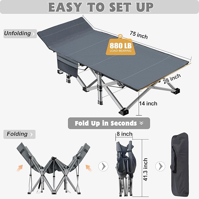 ABORON 2 Pack Folding Camping Cot W/Mat for Adults, Heavy Duty Outdoor Bed with Carry Bag,1200 D Layer Oxford Travel Camp Cots