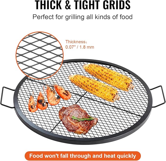 VEVOR X-Marks Fire Pit Grill Grate, Round Cooking Grate, Heavy Duty Steel Campfire BBQ Grill Grid with Handle and Support X Wire, Portable Camping Cookware for Outside Party & Gathering, 30 Inch Black