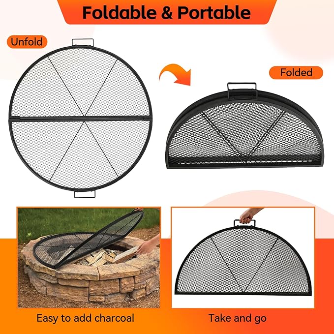 X-Marks Fire Pit Cooking Grill Grate with Support X Wire - Heavy Duty Folding Round Campfire Grill Grid - Portable Camping Cookware for Outside Party Gathering - 30 inch