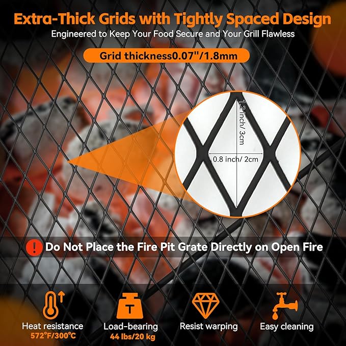 X-Marks Fire Pit Cooking Grill Grate with Support X Wire - Heavy Duty Folding Round Campfire Grill Grid - Portable Camping Cookware for Outside Party Gathering - 30 inch