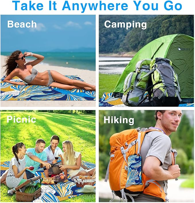 Beach Blanket, Waterproof Sandproof Beach Mat Oversized 79 X 83 Inch for 4-6 Adults, Lightweight Picnic Blanket, Portable Picnic Mat for Outdoor Travel Camping Hiking with 4 Stakes & 4 Corner Pocket